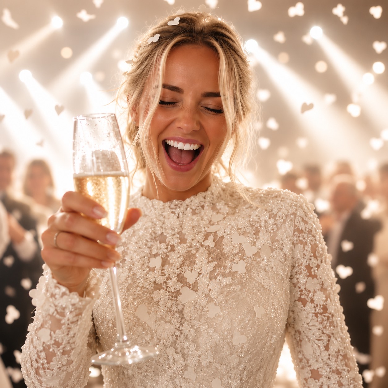 Brud som skålar i champagne medan vitt hjärtformat konfetti regnar över dansgolvet